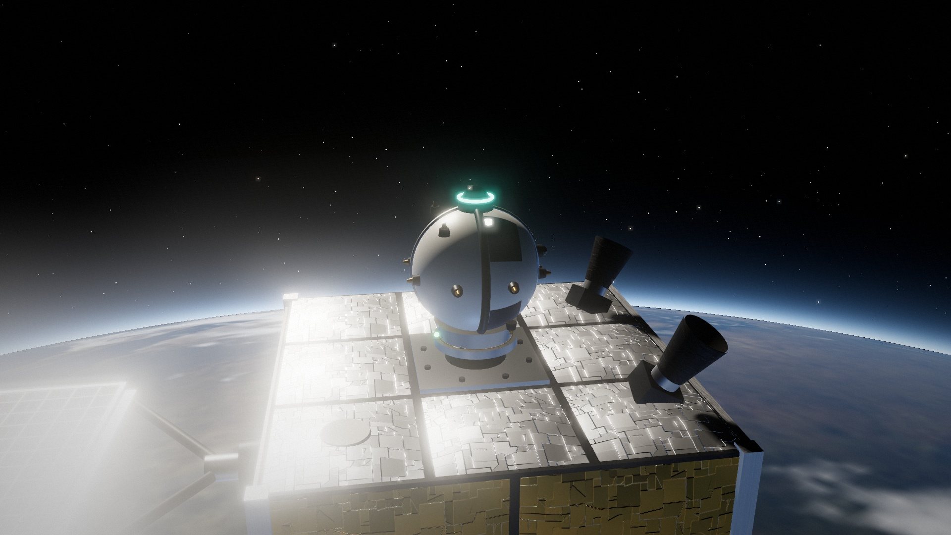 Starbird riding with a satellite above Earth, rendered in simulation