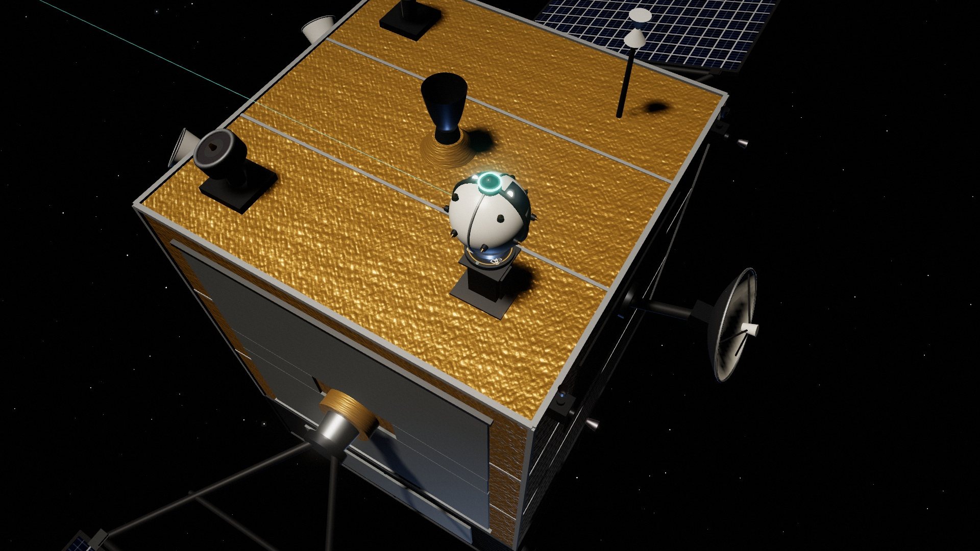 Starbird keeping watch on a satellite, rendered in simulation