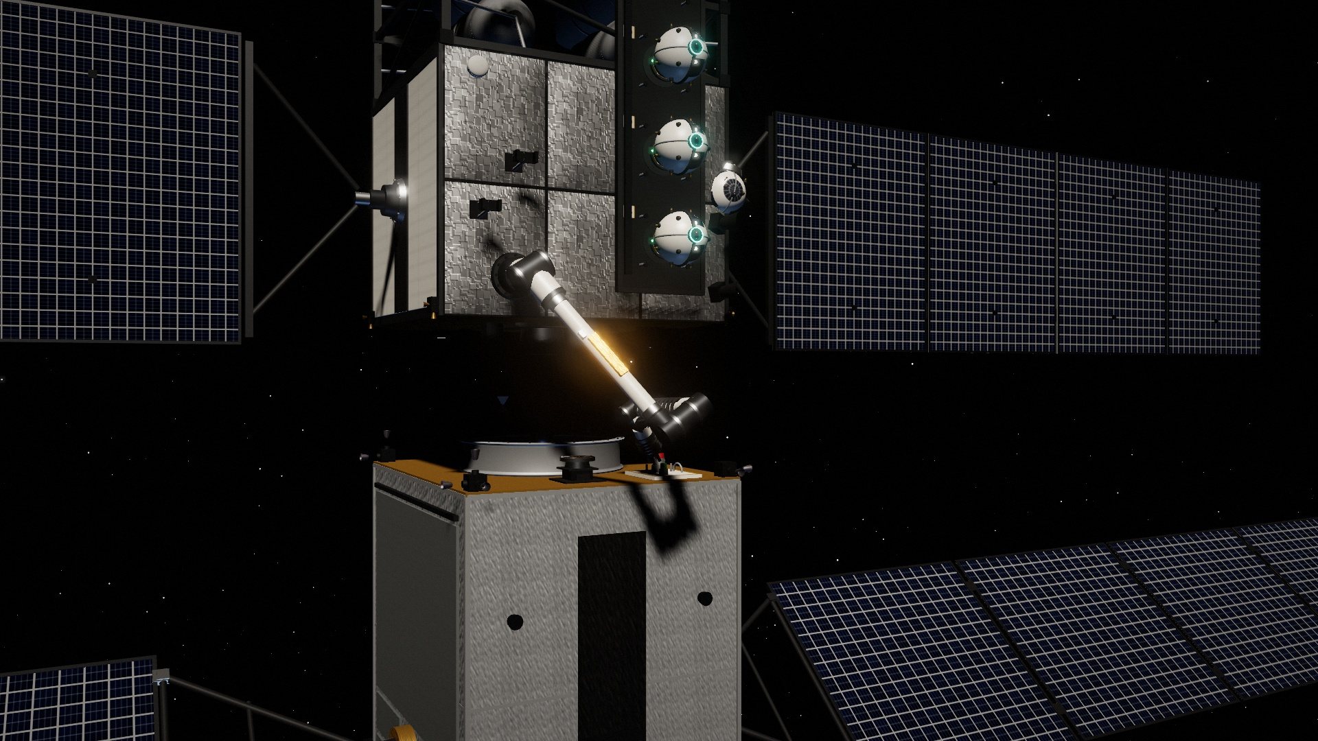 A servicer refueling a satellite with Starbirds on board, rendered in simulation
